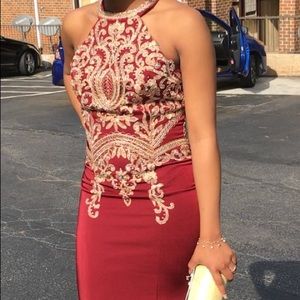 Beautiful Wine Red dress intricate gold  trimming